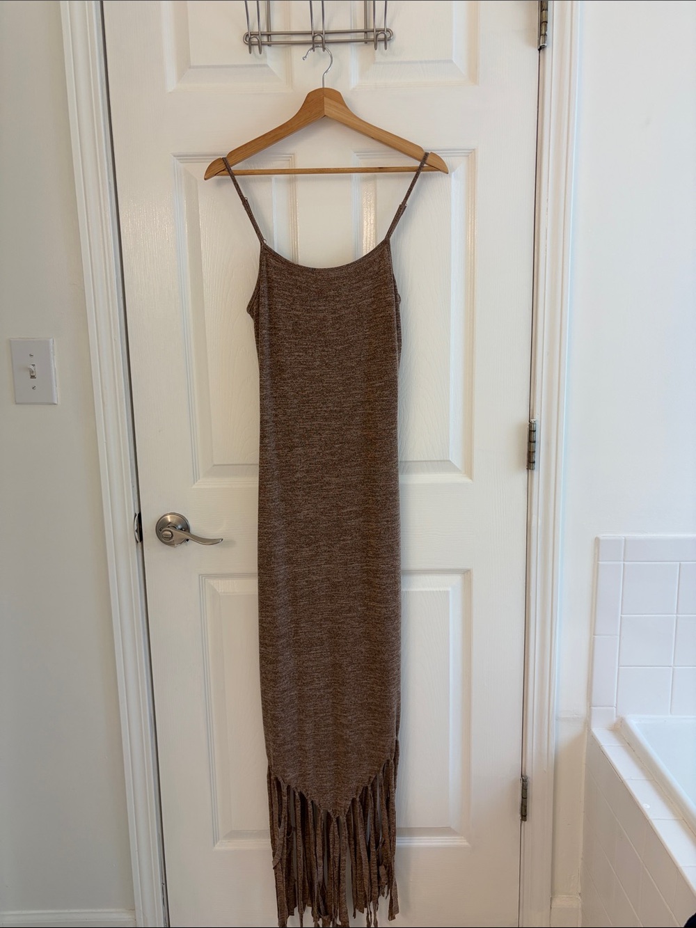 Brown Fringe Maxi Slip Dress with Spaghetti Straps